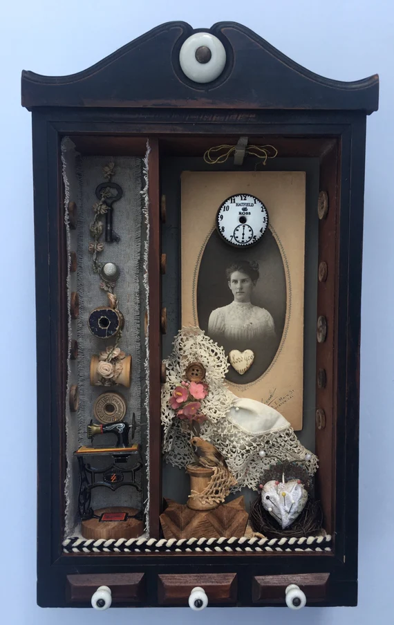 “The Seamstress” — Mixed Media Assemblage Shadow Box