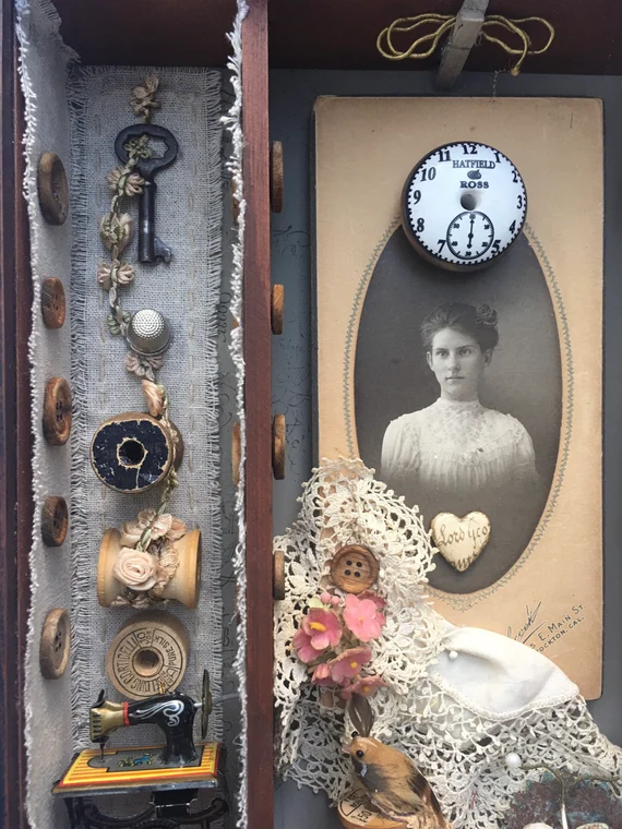 “The Seamstress” — Mixed Media Assemblage Shadow Box