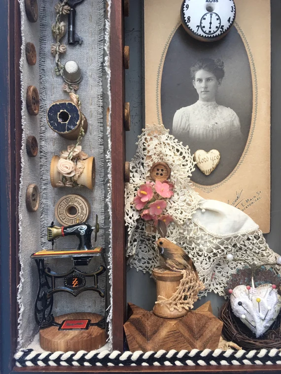 “The Seamstress” — Mixed Media Assemblage Shadow Box