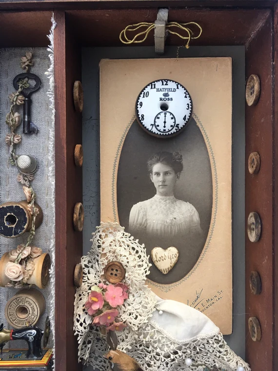 “The Seamstress” — Mixed Media Assemblage Shadow Box