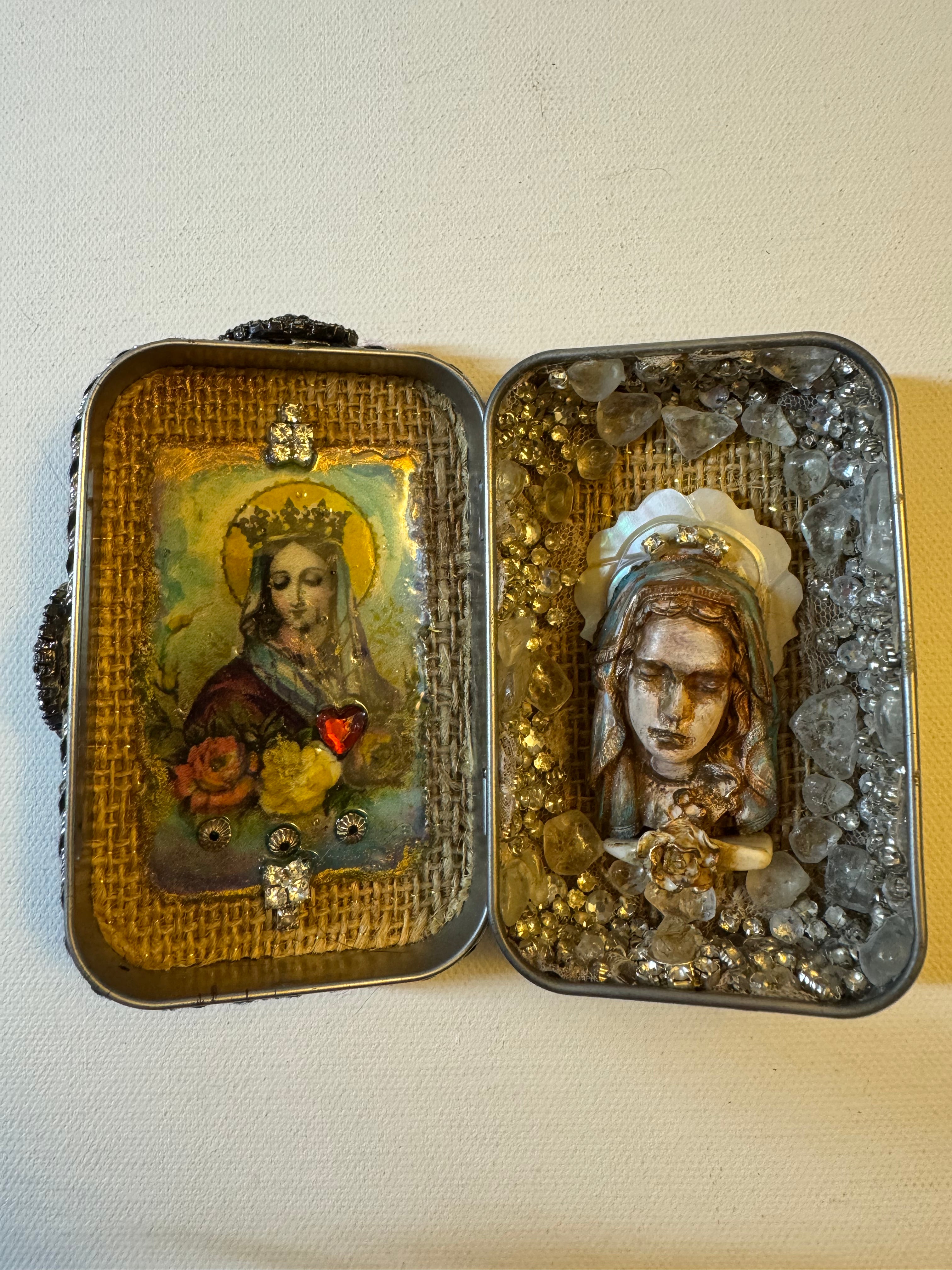 “The Saint’s Reliquary Bundle” — Sculptural Devotional Shrine in Keepsake Box (Includes Necklace + Votive Candle)