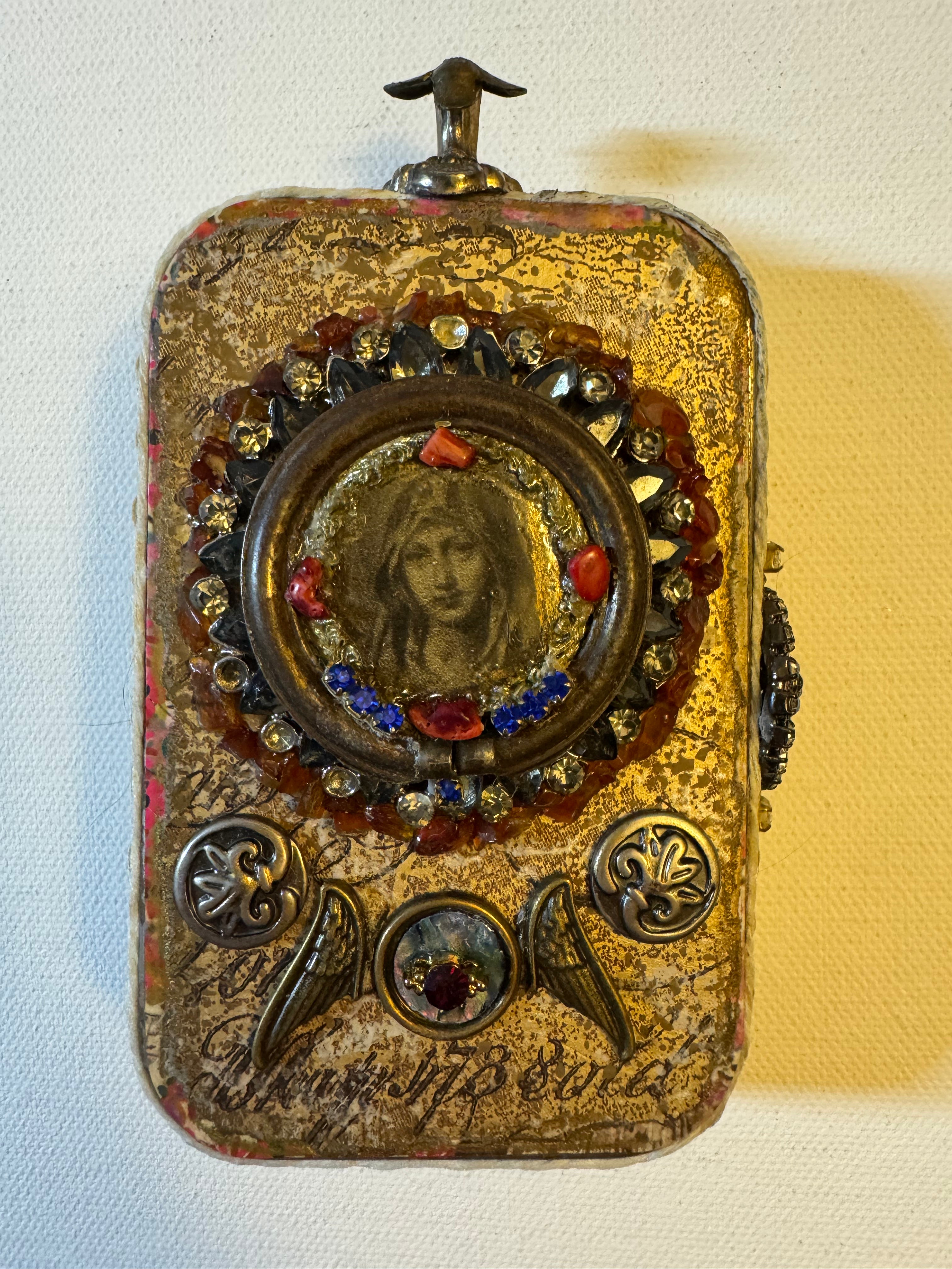 “The Lady of the Hidden Realm” — Medieval Reliquary Altered Tin Shrine with Miniature Sculpture & Illuminated Booklet (Gift-Boxed)