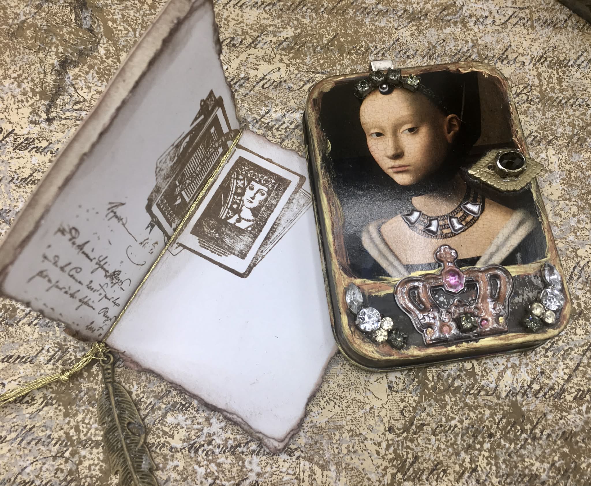 “Lady of the Illuminated Kingdom” — Medieval Altered Tin Shrine with Hand-Crafted Mini Book