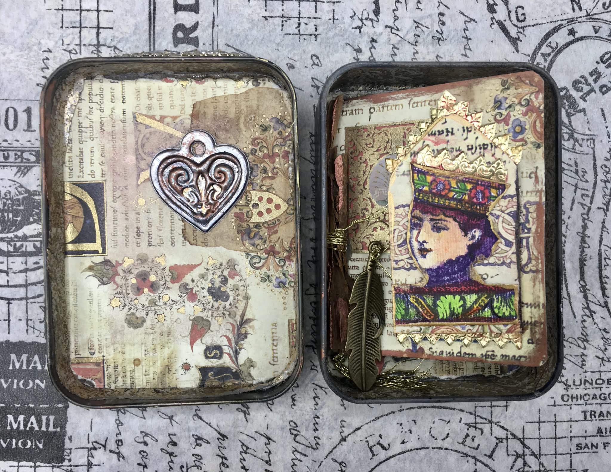 “The Queen’s Prayer Book” — Medieval-Inspired Altered Tin Shrine with Flip-Open Mini Book