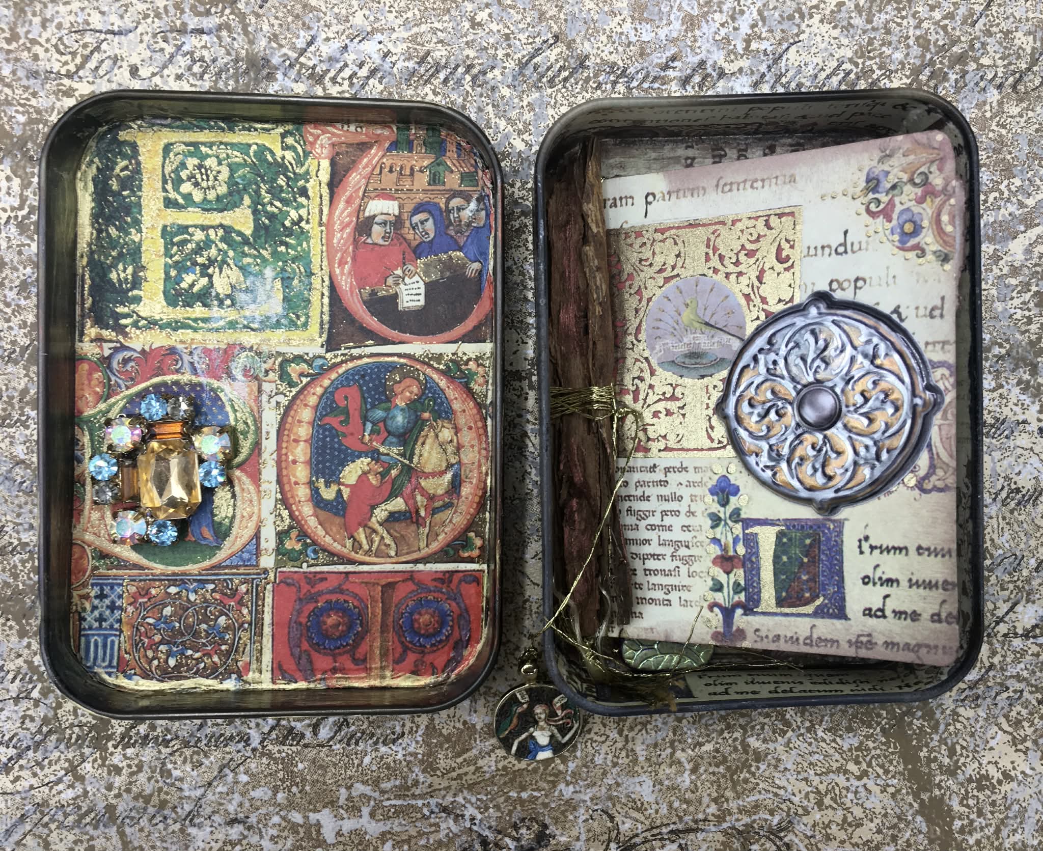 “Medieval Prayer Box – Illuminated Mini Reliquary Tin with Handmade Prayer Book”