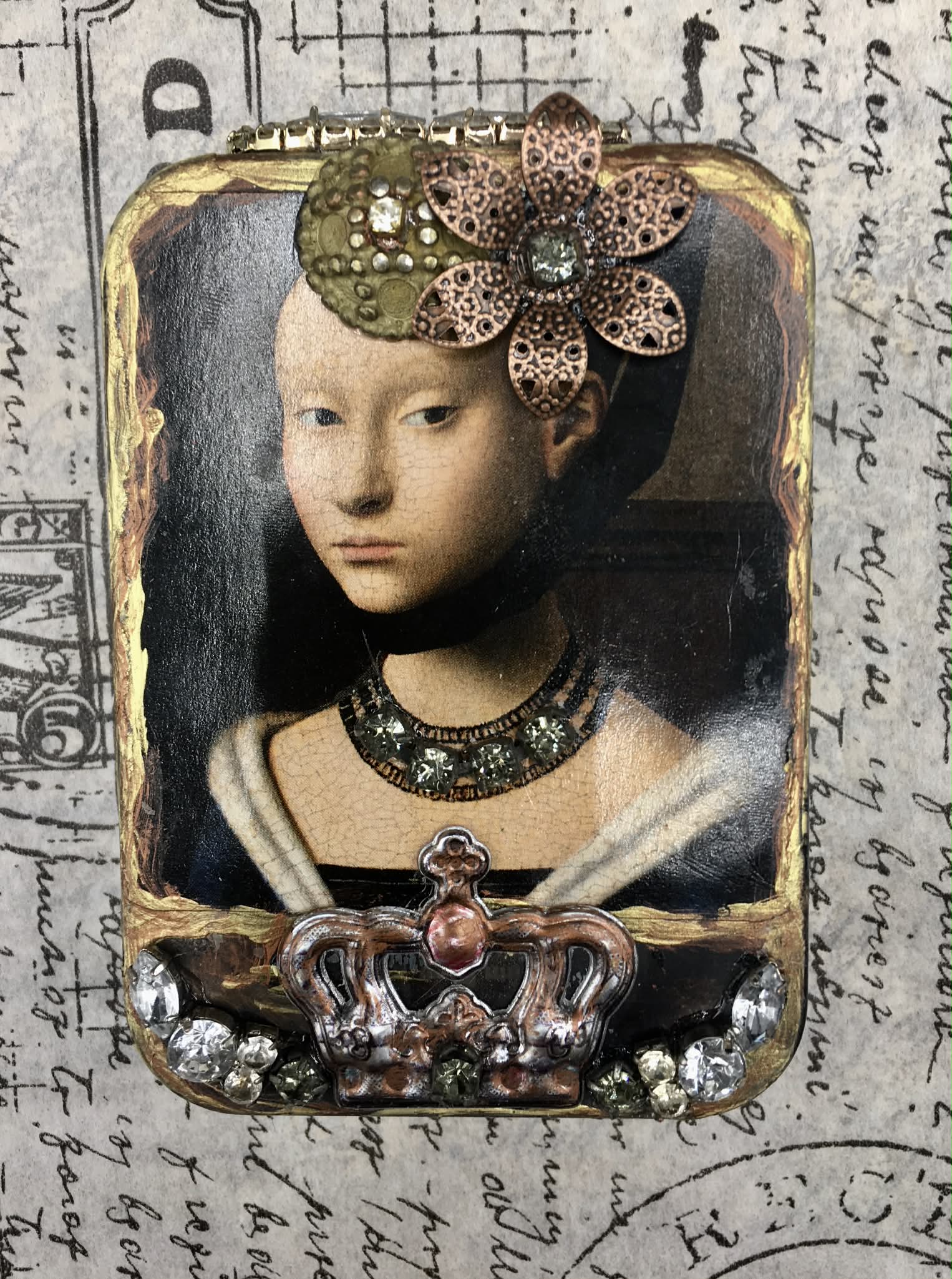 “The Queen’s Prayer Book” — Medieval-Inspired Altered Tin Shrine with Flip-Open Mini Book