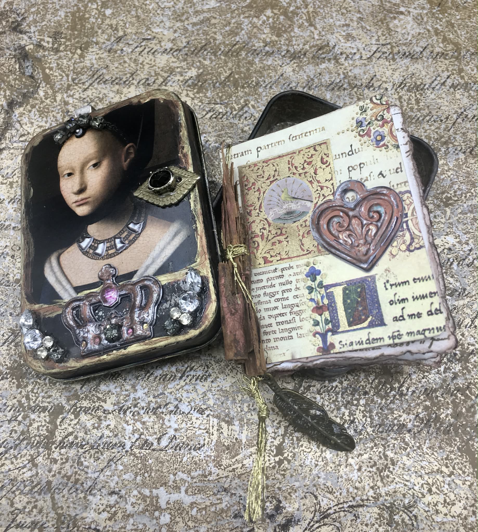 “Lady of the Illuminated Kingdom” — Medieval Altered Tin Shrine with Hand-Crafted Mini Book