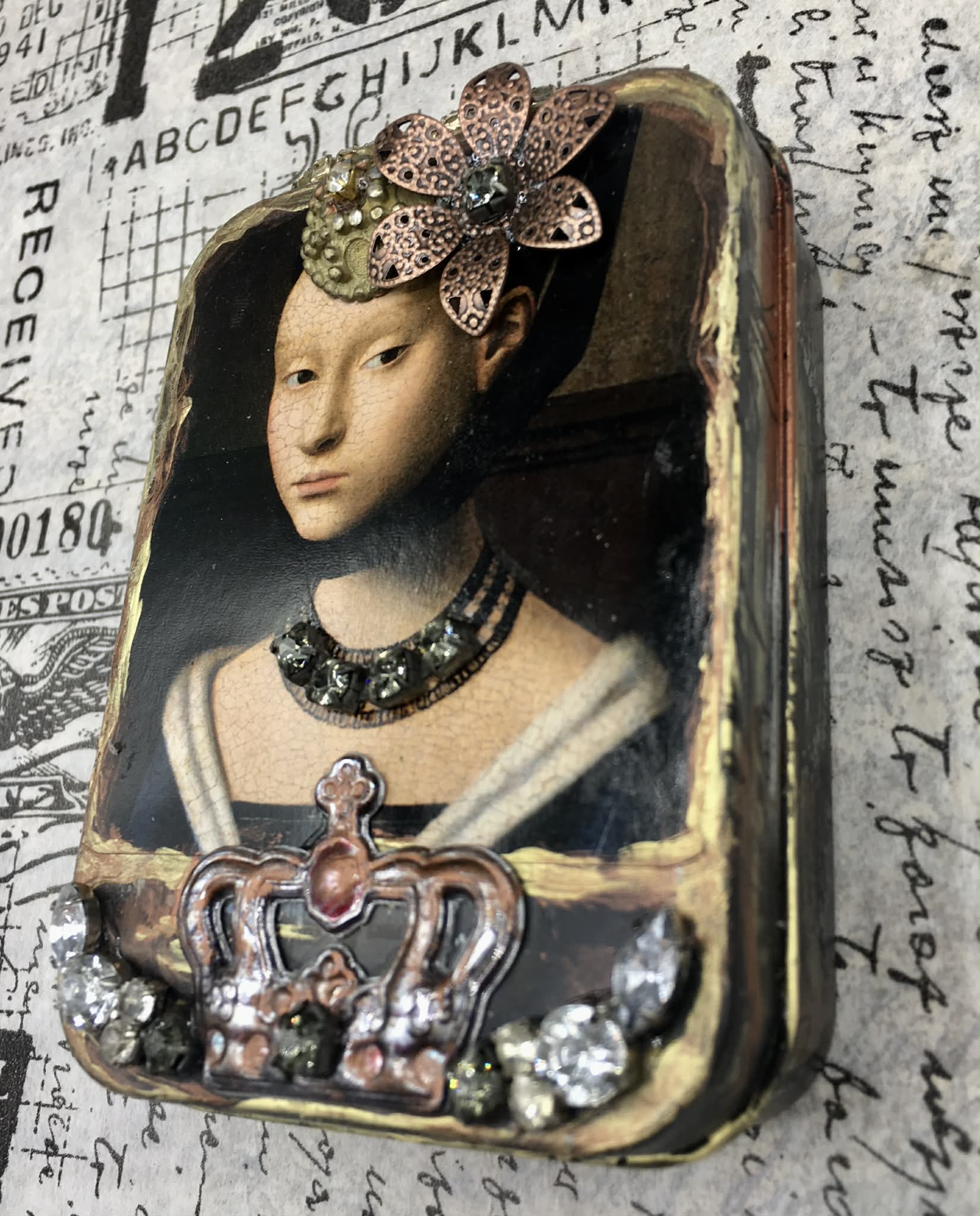 “The Queen’s Prayer Book” — Medieval-Inspired Altered Tin Shrine with Flip-Open Mini Book